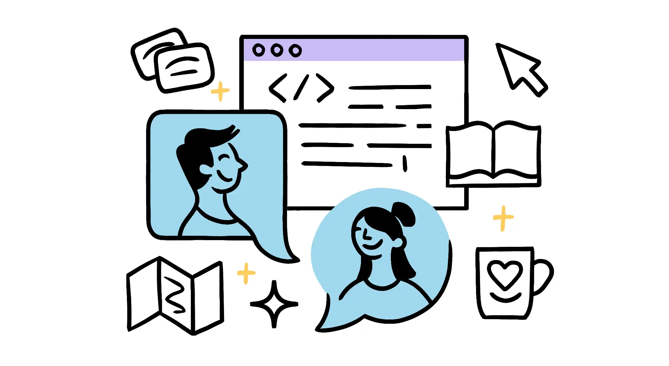 Illustration of two smiling customers in chat bubbles around a code editor, surrounded by printed products like a book, brochure, and mug, representing a custom print API tailored to a business and its customers