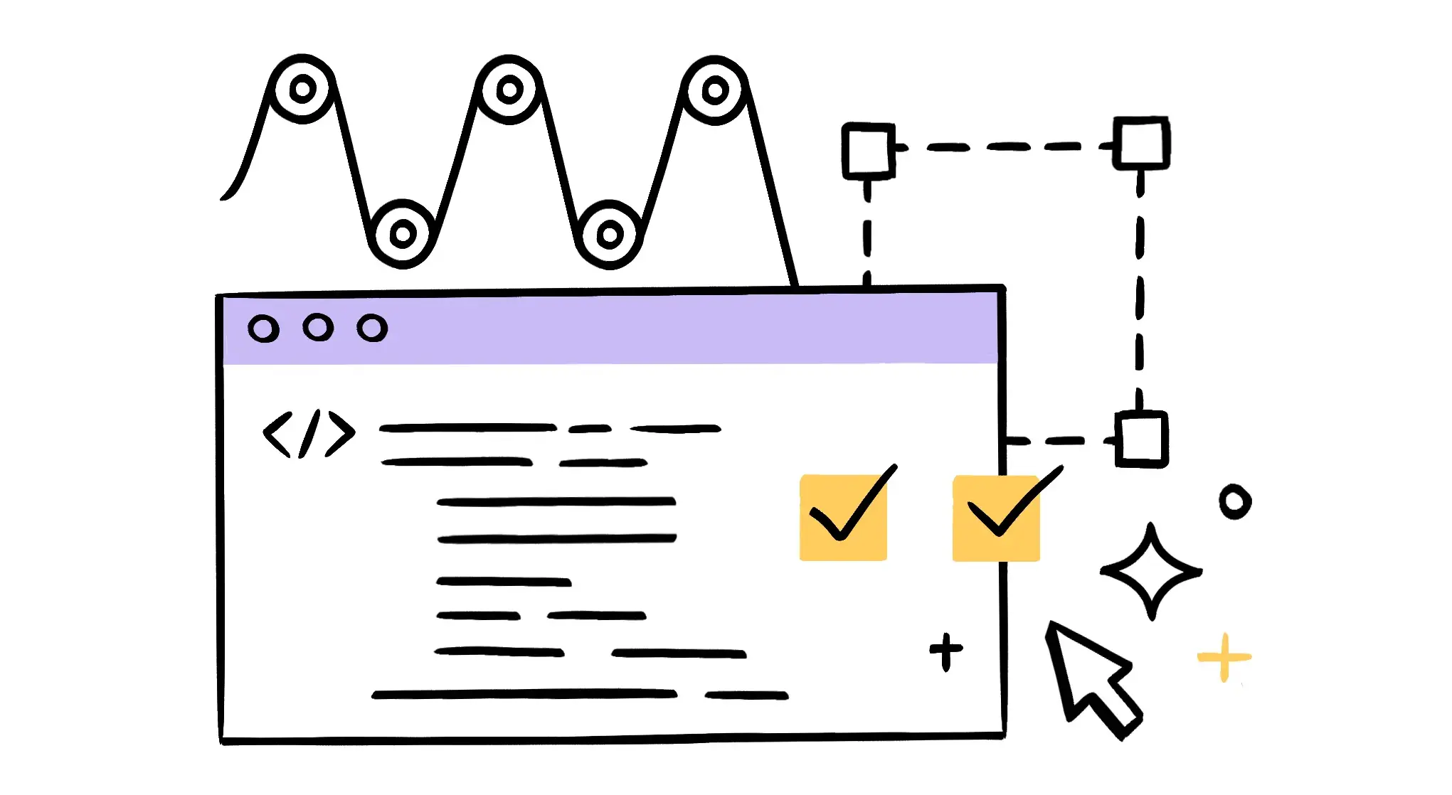 Illustration of a browser window with code and checkmarks, alongside a paper-feed roller, representing a self-service print API integration